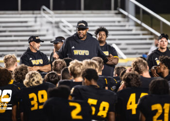 Dennis Johnson giving a post-game speech after Woodford County’s 42-14 win over Great Crossing at Community Stadium, Versailles, September 5, 2025.