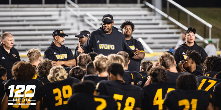 Dennis Johnson giving a post-game speech after Woodford County’s 42-14 win over Great Crossing at Community Stadium, Versailles, September 5, 2025.