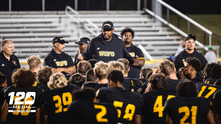 Dennis Johnson giving a post-game speech after Woodford County’s 42-14 win over Great Crossing at Community Stadium, Versailles, September 5, 2025.