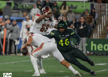 Louisville Kings linebacker Cam Gill (46) attempts to sack Birmingham Stallions quarterback Matt Corral during last week’s home opener.