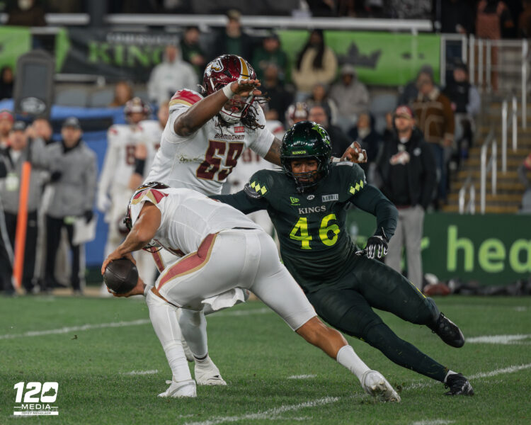 Louisville Kings linebacker Cam Gill (46) attempts to sack Birmingham Stallions quarterback Matt Corral during last week’s home opener.