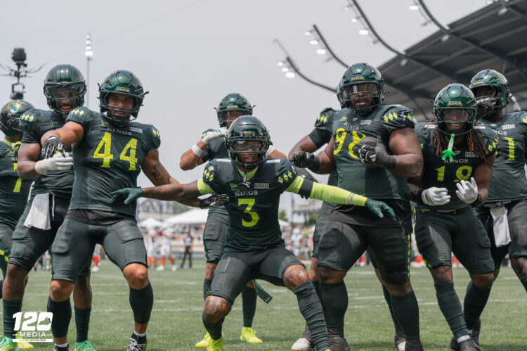 Louisville Kings players celebrate during their 33-30 victory over the DC Defenders at Lynn Family Stadium on May 16, 2026.